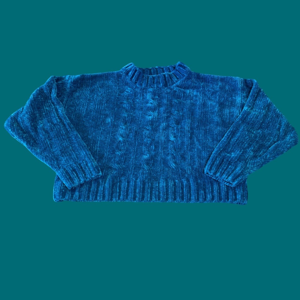 Marnie West Chenille Cable Knit Sweater M Teal Blue Cropped Pullover